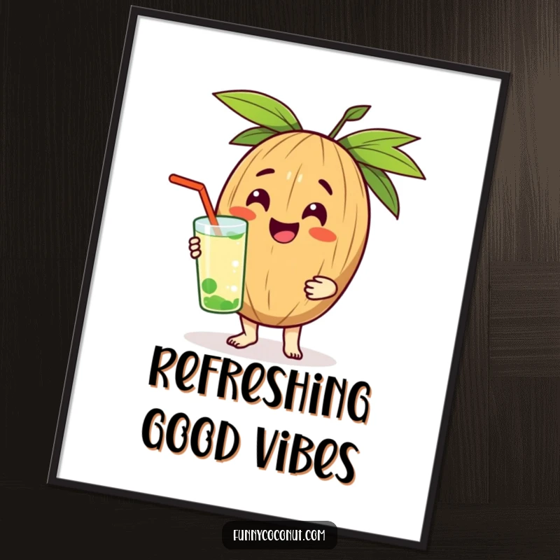 Funny digital art print of a happy coconut character offering a cool drink, symbolizing refreshment and good vibes.