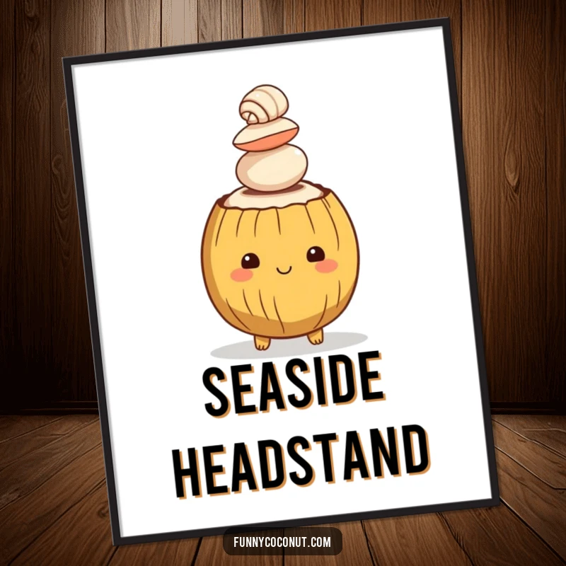 Funny digital art print of a coconut character balancing seashells, offering instant tropical charm and humor for wall decor.