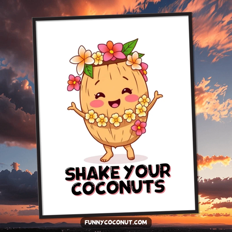 Funny Coconut Digital Art Print, a smiling coconut wearing a flower lei dancing, instantly downloadable for decor, a perfect funny gift.