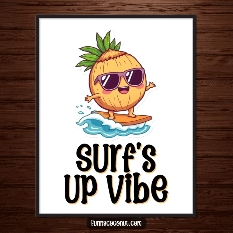 Funny Coconut Surfer Digital Art Print: A delighted coconut character wearing sunglasses surfs a wave, capturing dynamic action and cool beachy vibes.