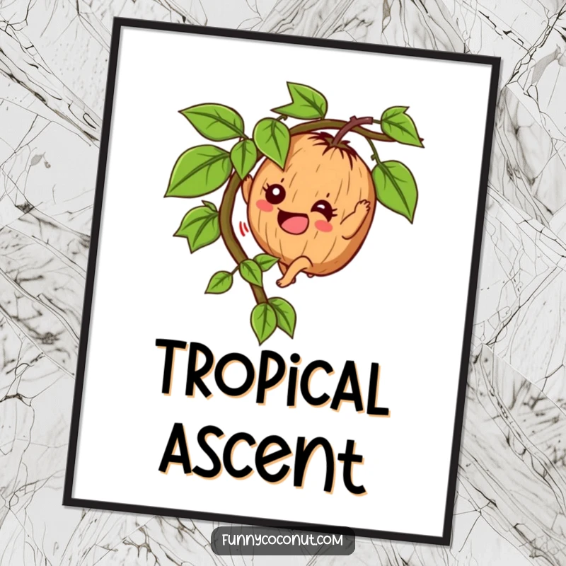 Funny Determined Coconut Digital Art: A coconut character enthusiastically climbs a vine, embodying tropical ambition and humor.