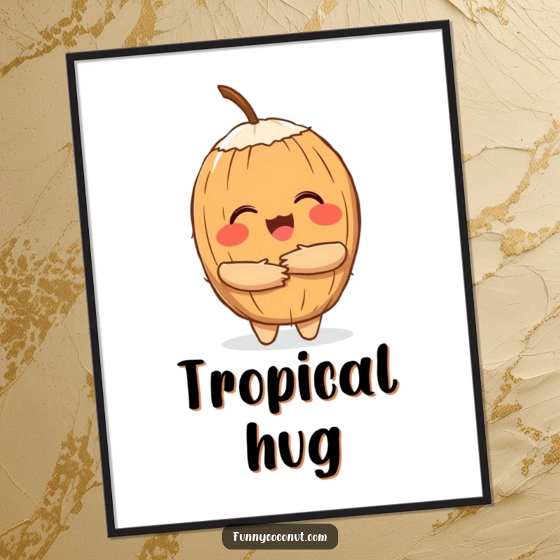Funny digital art print of a cheerful coconut character giving a warm hug, perfect for instant tropical wall decor.