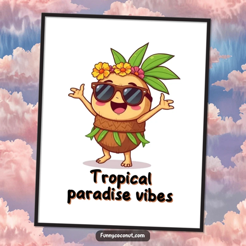 Funny digital art print of a joyous coconut wearing sunglasses, performing a spirited hula dance, radiating tropical happiness.