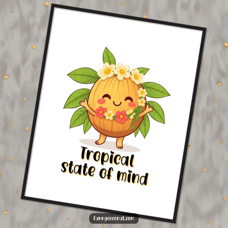 Funny Hula Coconut Digital Art Print, a cheerful character in a lei, dancing the hula, bringing tropical energy and smiles to your decor.