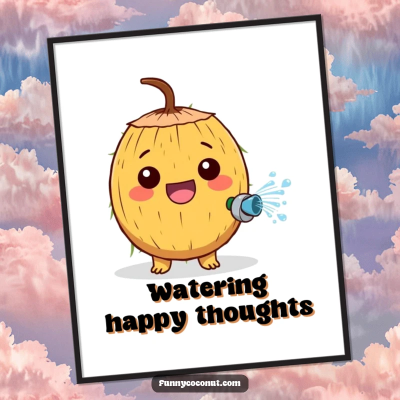 Funny digital art print of a cheerful coconut character joyfully spraying water from a tiny hose with great enthusiasm.
