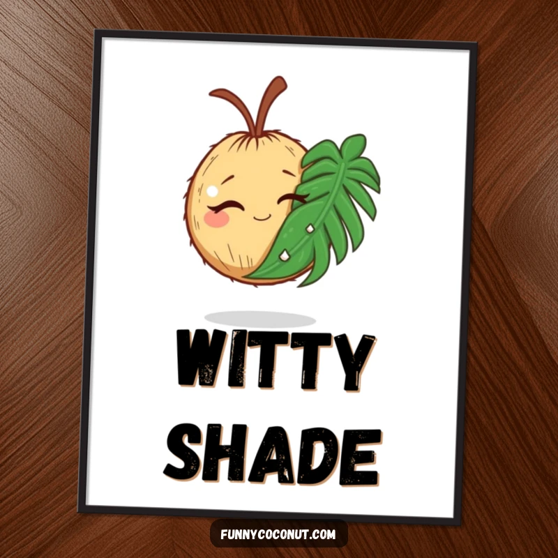 Funny digital art of a winking coconut holding a comically large palm leaf, for vibrant decor.