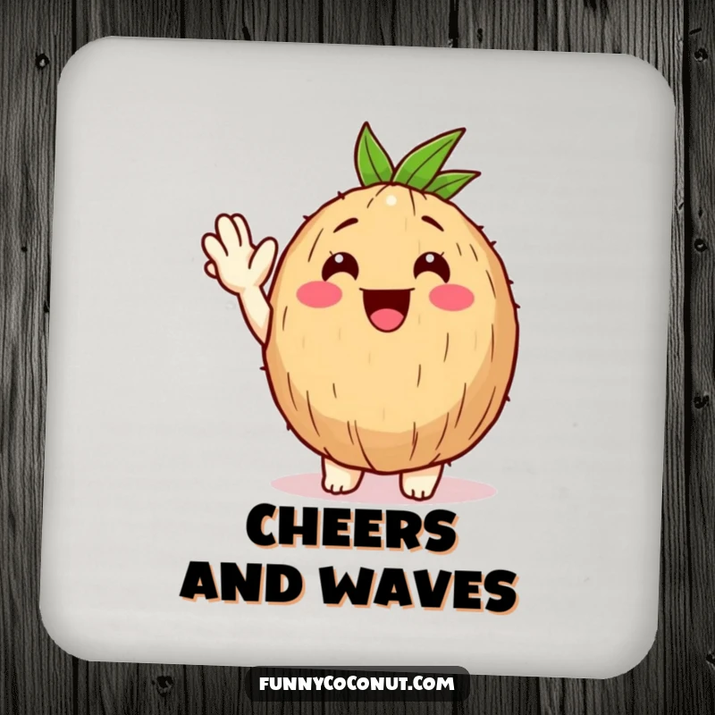 Funny Happy Coconut Coaster: A happy coconut character gives a friendly wave, adding tropical humor to any surface.