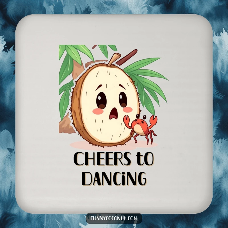 Funny drink coaster featuring a surprised coconut character observing a tiny crab dancing nearby with comical astonishment.
