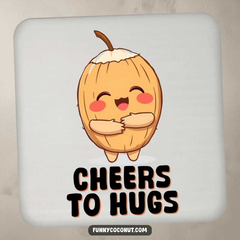 Funny drink coasters with a cheerful coconut character giving a hug, adding a tropical touch to tables.