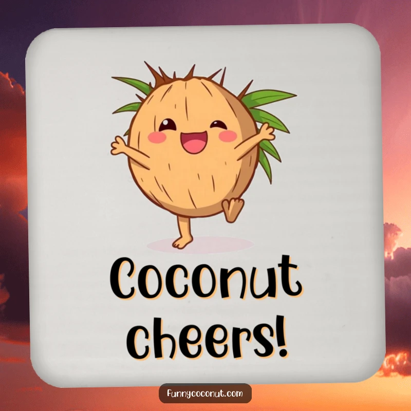 Funny coasters with a delighted coconut character doing a cartwheel with its husk.