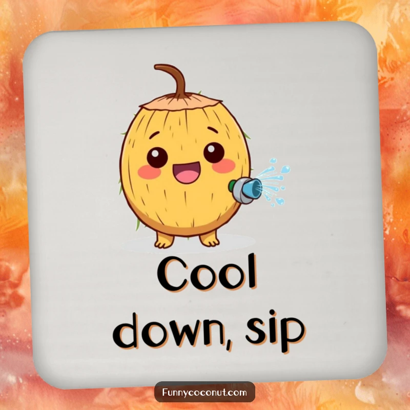 Funny drink coaster featuring a cheerful coconut character joyfully spraying water from a tiny hose with great enthusiasm.