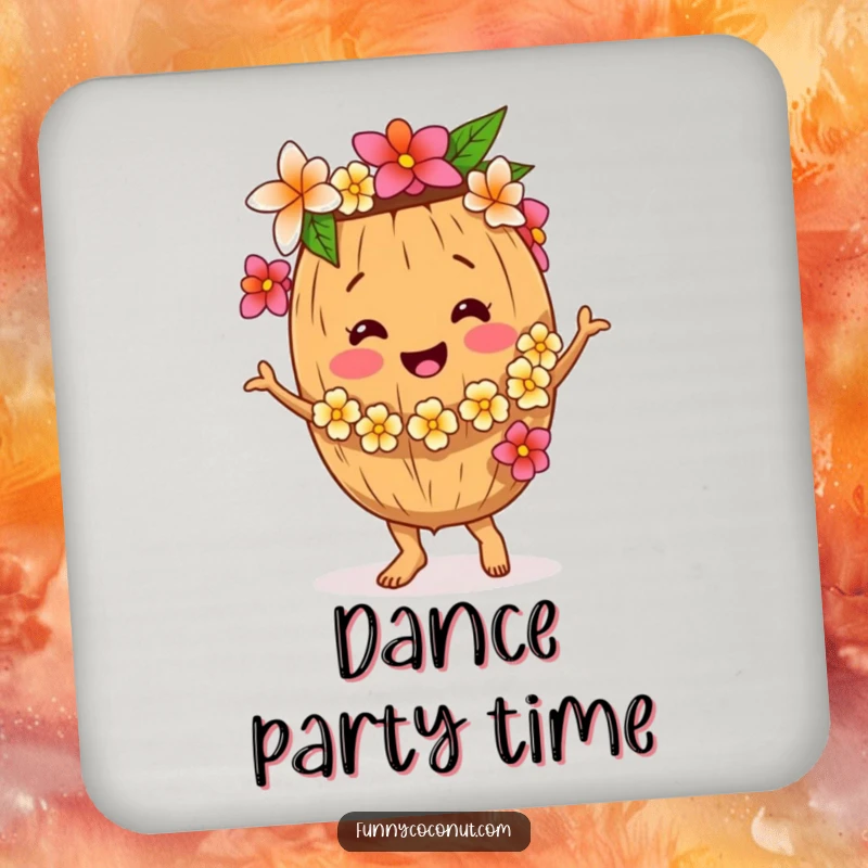 Funny Coconut Coaster, a smiling coconut dancing with a flower lei, protecting surfaces with style, a delightful funny gift.