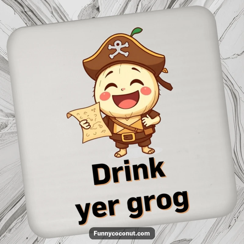 Funny Pirate Coconut Drink Coaster: A laughing coconut character dressed as a pirate holds a treasure map, offering protection with a touch of swashbuckling fun.