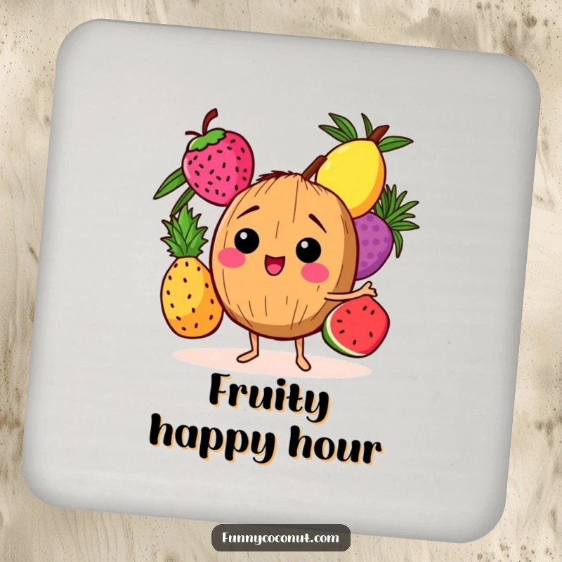 Funny drink coaster showcasing a happy coconut character juggling three colorful tropical fruits, protecting surfaces with humor.