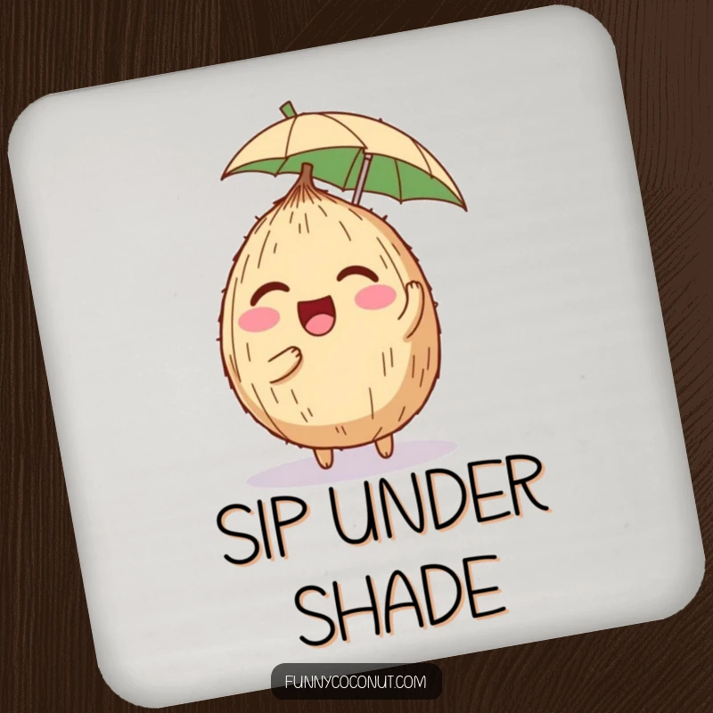 Funny drink coaster featuring a happy coconut character giggling while perfectly balancing a tiny umbrella on its head, adding humor to tables.