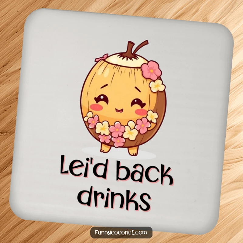 Funny drink coaster with a bewildered coconut wearing a tiny lei, perfect for tables.