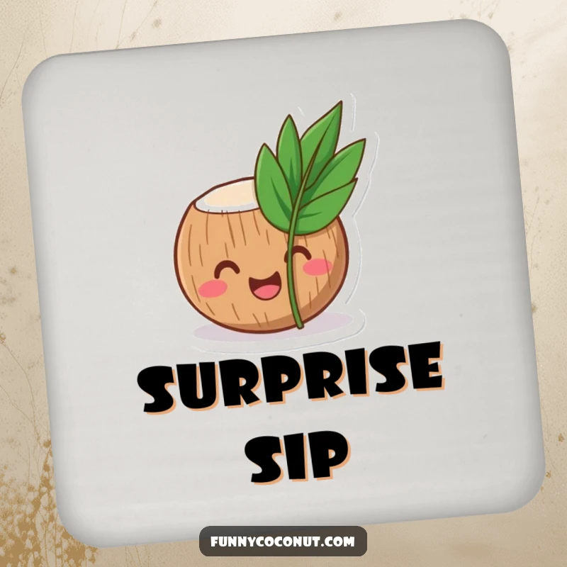 Funny coconut coaster featuring a laughing coconut character peeking from behind a small, tropical leaf, tropical art.