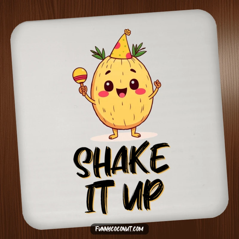 Funny Coconut Drink Coaster: A cheerful coconut character in a party hat shaking maracas, protecting surfaces with party flair, perfect for entertaining.