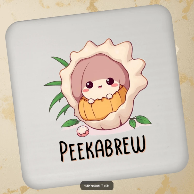 Funny drink coaster featuring a curious coconut peeking from behind a large seashell, offering surface protection.