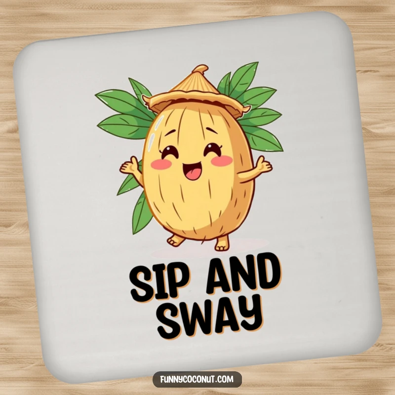 Funny Coconut Jig Drink Coasters: Coasters featuring a comical coconut character doing a jig, wearing a straw hat.