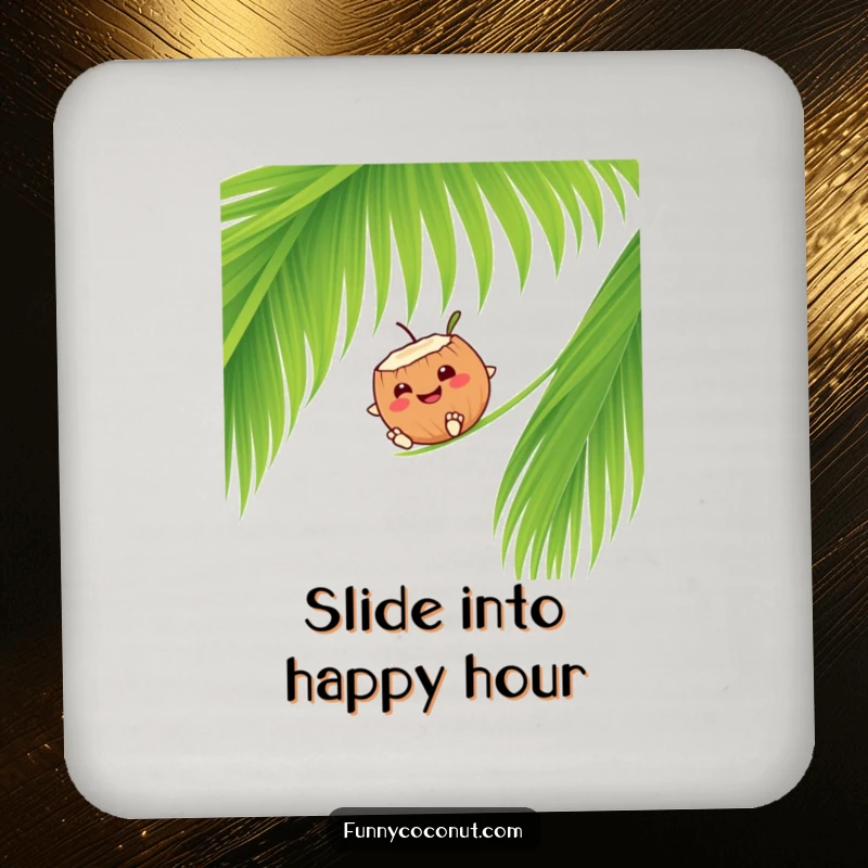 Funny smiling coconut character sliding down a palm frond, a charming coaster for drinks.