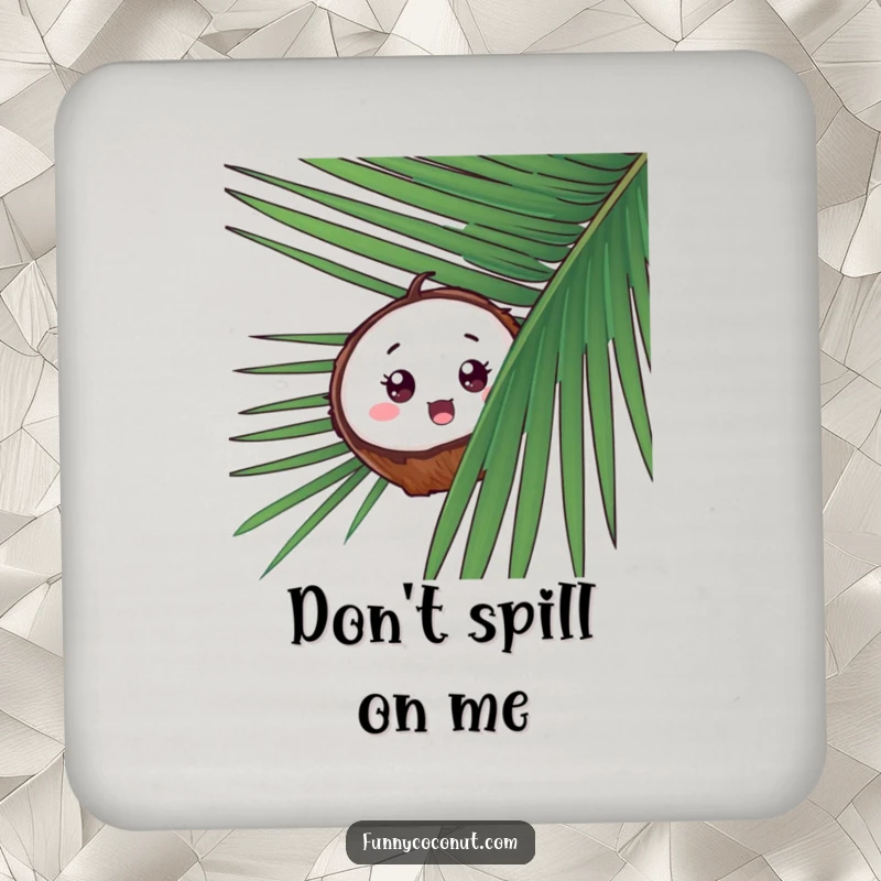 Funny Coconut Peek-a-Boo Coaster, a coconut peeking from behind palm leaves with a surprised look, adding tropical fun to surfaces.