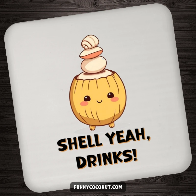 Funny coaster featuring a coconut character balancing seashells, providing a stylish and humorous way to protect surfaces.