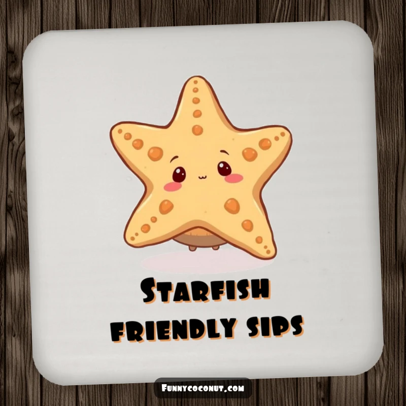 Funny coaster with a coconut character peeking from behind a starfish, offering a humorous and protective touch for surfaces.