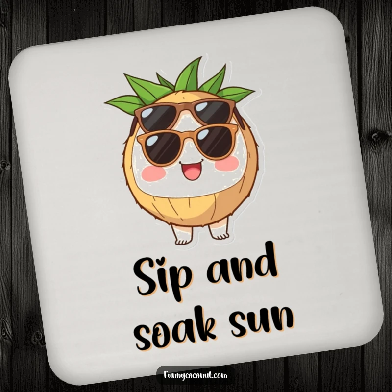 Funny coconut half coaster wearing sunglasses, beaming with cheerful tropical vibes, protects surfaces in style.