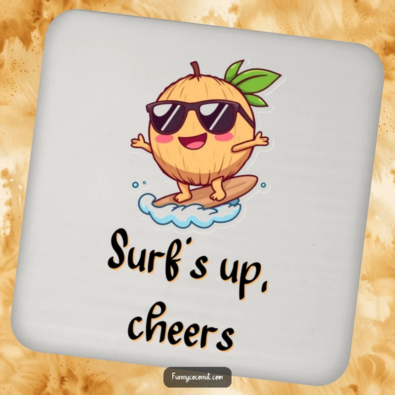 Funny Coconut Coaster, a happy coconut with sunglasses surfing, protecting surfaces with style, a delightful funny gift.