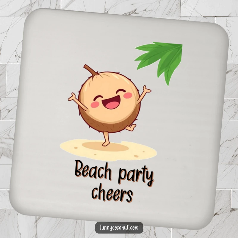 Funny drink coaster featuring a laughing coconut mid-cartwheel on a sandy beach, adding a touch of energetic humor to any drink.