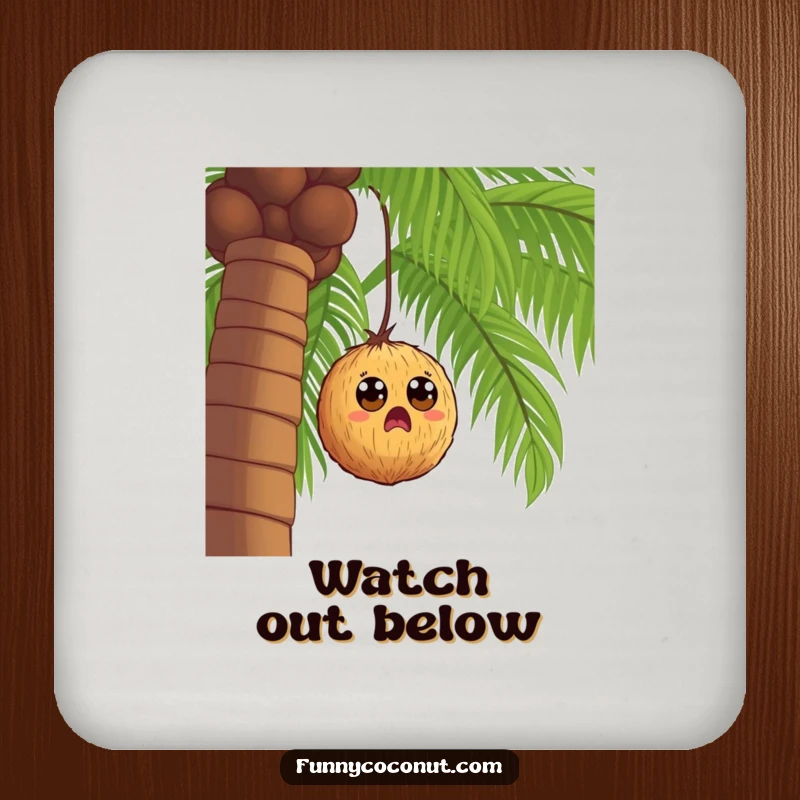 Funny coconut with wide eyes falling from a palm tree, a humorous and functional drink coaster.