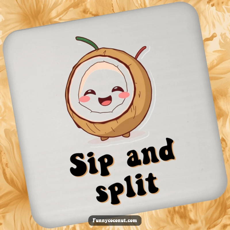 Funny drink coasters with a coconut character splitting open with a big giggle, adding hilarious tropical fun to tables.