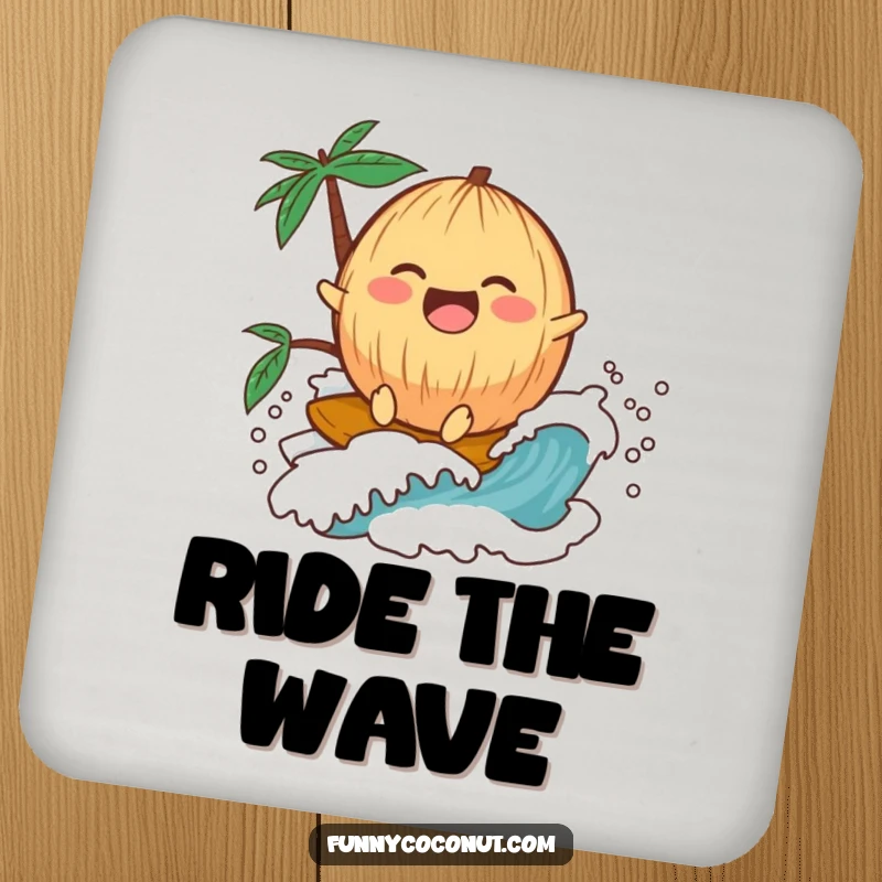 Funny kawaii coconut laughing on a wave, depicted on a drink coaster for surface protection.
