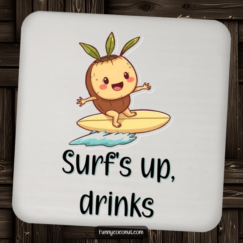 Funny drink coaster with a smiling coconut character riding a seashell surfboard, adding beachy charm.