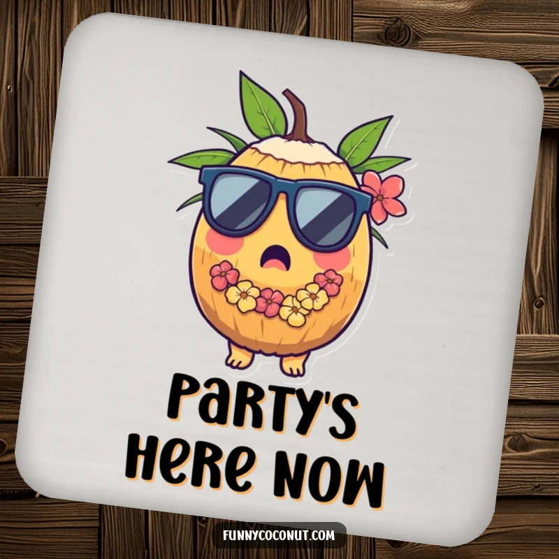 Funny drink coasters with a surprised coconut wearing sunglasses and a lei, adding tropical fun to tables.