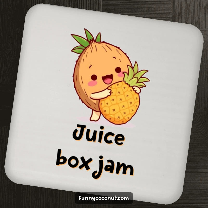 Funny coconut coaster featuring a coconut character playfully bopping a miniature pineapple with its husk, tropical art.