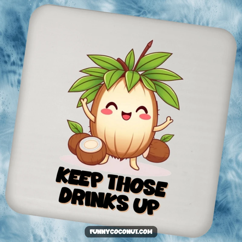 Funny coconut with a leafy crown juggling three smaller coconuts, a humorous and functional drink coaster.