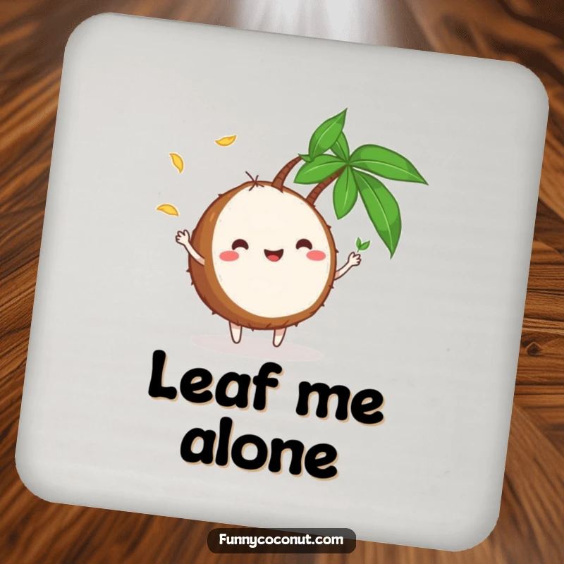 Funny Drink Coasters: A set of coasters featuring a smiling coconut character juggling small green palm leaves, perfect for tropical-themed parties.