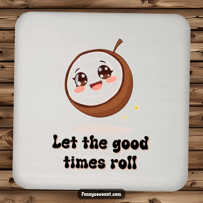 Funny coconut drink coaster, a coconut with wide eyes giggling as it rolls downhill, protecting surfaces with humor.