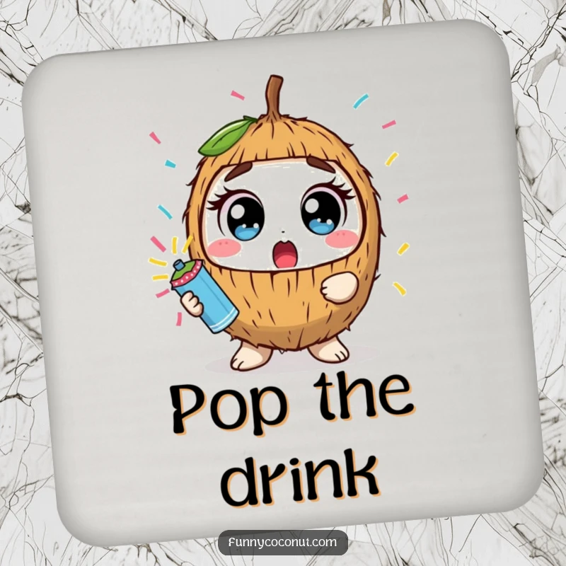 Funny kawaii coconut with wide eyes holding a confetti popper, depicted on a drink coaster for surface protection.