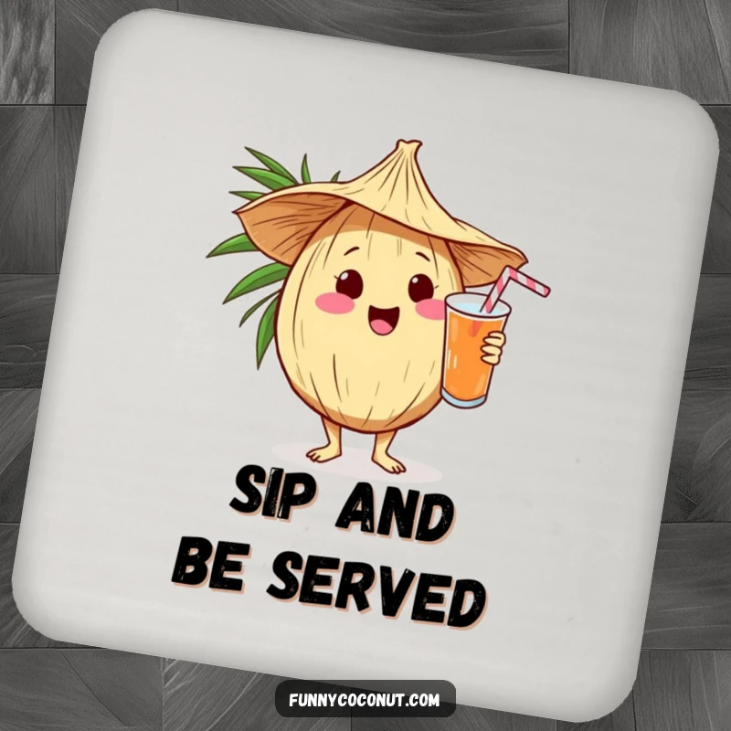 Funny kawaii coconut in a straw hat serving a drink on a protective coaster, bringing tropical cheer to tables.