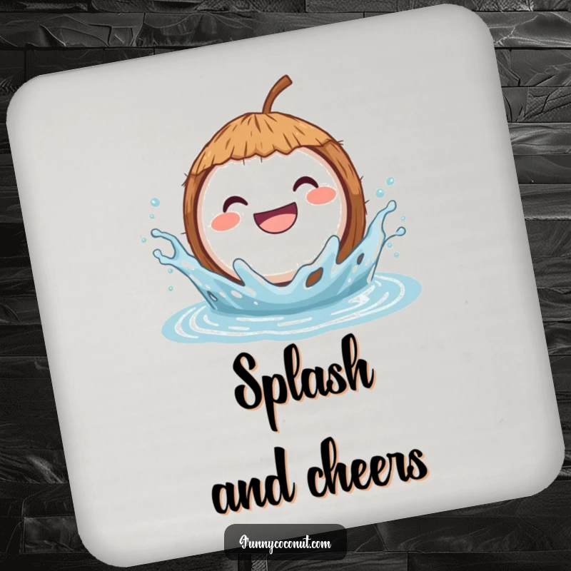 Funny drink coaster featuring a grinning coconut joyfully splashing in water, adding a touch of aquatic humor to any drink.