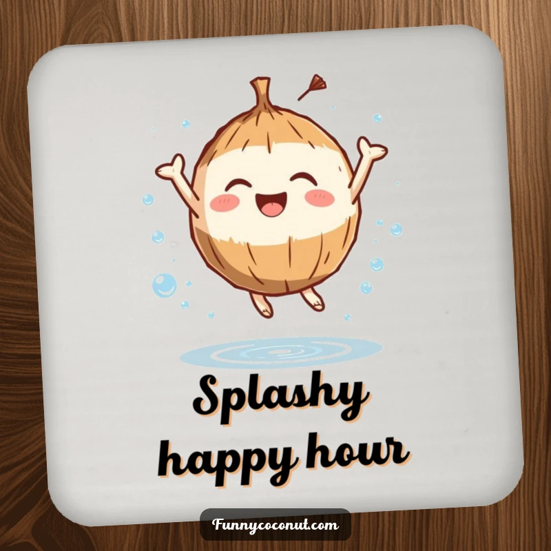 Funny coaster featuring a coconut character leaping with joy surrounded by water droplets, providing a refreshing and humorous surface protection.
