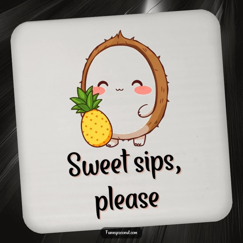 Funny coaster featuring a blushing coconut character offering a pineapple, providing a sweet and humorous surface protection.