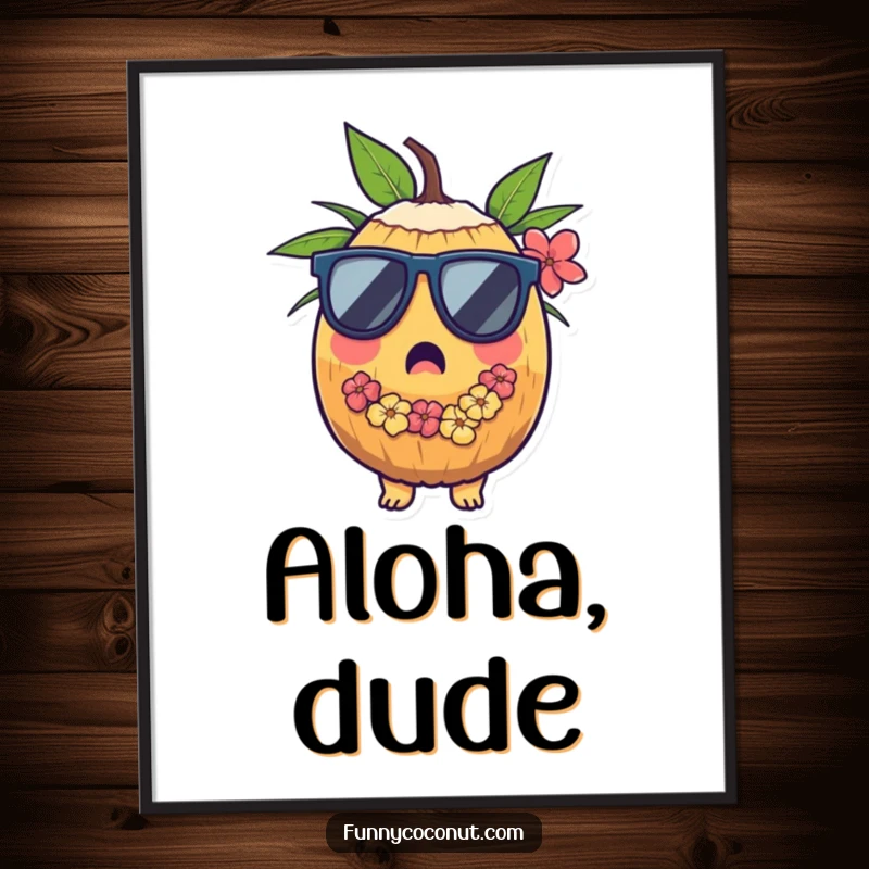 Funny poster art of a coconut character looking surprised while wearing sunglasses and a lei, bringing tropical fun indoors.