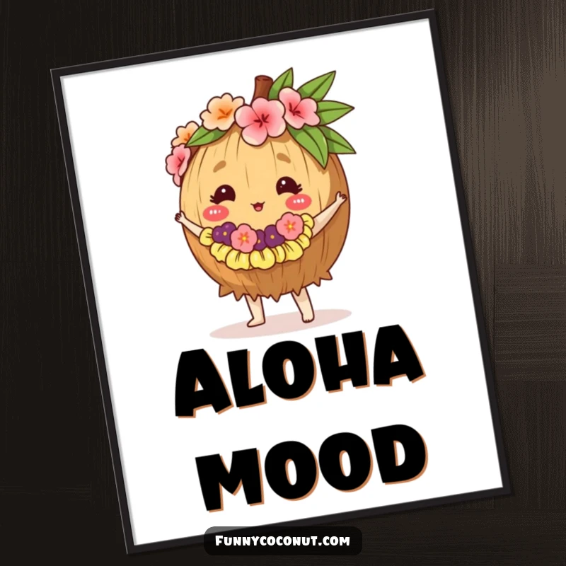 Funny poster showcasing a coconut adorned with a lei, joyfully performing a hula dance, bringing island energy.