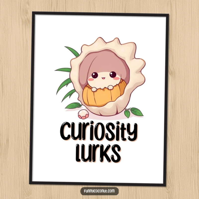 Funny poster art of a curious coconut peeking from behind a large seashell, inviting viewers to look closer.