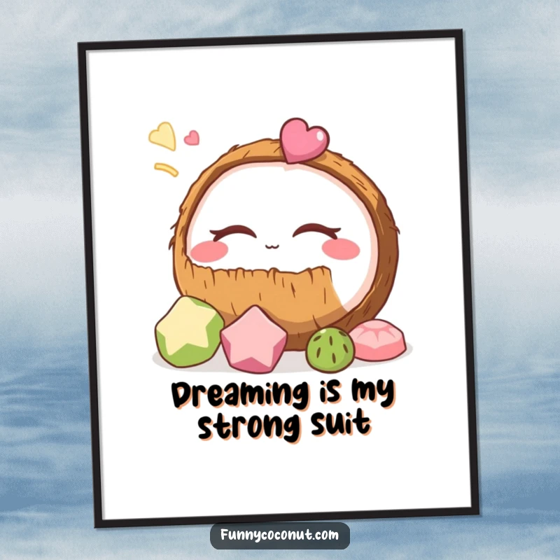 Funny coconut poster showcasing a coconut in deep sleep, lost in dreams of delightful tasty treats, adding humor to any wall.