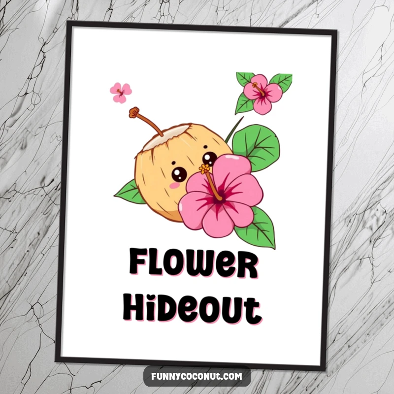 Funny Curious Coconut Poster: A curious coconut character peeks from behind a hibiscus flower, exuding tropical mystery and humor.